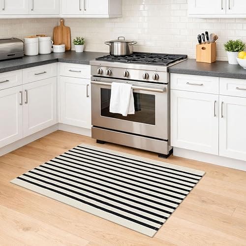 KILOCOCO Beige Striped Rug 2.3'x3.6' Indoor Outdoor Rugs Front Door Mat Hand Woven Cotton Washable Striped Layered Doormats for Front Porch/Kitchen/Farmhouse/Entryway/Patio thumbnail 6