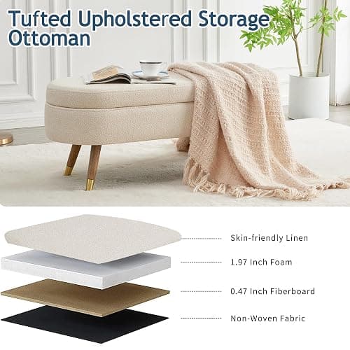 IAFIKE Oval Storage Bench 43.5" Ottoman Bench Upholstered Boucle Fabric Footrest Bench with Golden Metal Legs End of Bed for Bedroom, Living Room, Entryway,Bed Side (Beige) thumbnail 5