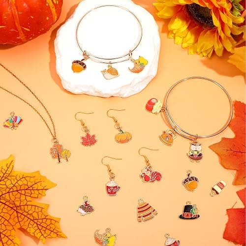 MARFOREVER 40Pcs/20 Pairs Fall Charms, Thanksgiving Charm for Jewelry Making, Autumn Pumpkin Maple Leaf Turkey Enamel Pendants for Bracelet Necklace Earrings Making Accessories thumbnail 3