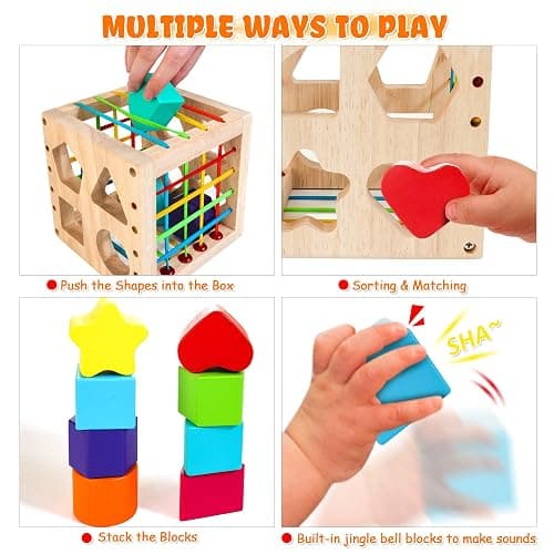 HELLOWOOD Montessori Toys for 1+ Year Old, Wooden Sorter Cube with 8pcs Rattling Shapes, Developmental Learning Toy Gifts for Baby Toddler Boys Girls, Gift Packaging thumbnail 3