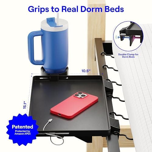 BedShelfie Bedside Shelf for Dorm Room Bunk Bed & Top Bunk, College Dorm Room Essentials, Bedside Caddy, Clip on Floating Tray, Bed Side Table Storage, Loft Nightstand Decor, Black thumbnail 2