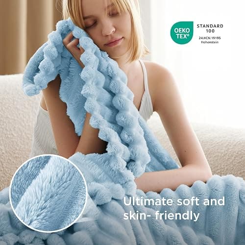 Bedsure GentleSoft Blue Fleece Blanket for Couch - Cozy Soft Blankets for Women, Cute Small Throws for Girls, Light Blue, 50x70 Inches thumbnail 5
