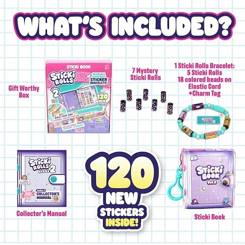 STICKI Rolls Sticki Book - The Original Wearable Shareable Toy Sticker Bracelet + Collection Book | Includes 120 Mini Stickers | Over 1000 Fun Sticker Designs to Collect! (Series 2) thumbnail 5