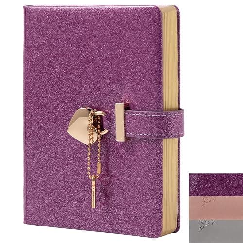 TIEFOSSI Diario con chiusura a cuore con chiave, diario in pelle PU glitterata viola B6 per scrivere, 144 fogli di carta a righe, regalo per ragazze e donne - Image 1