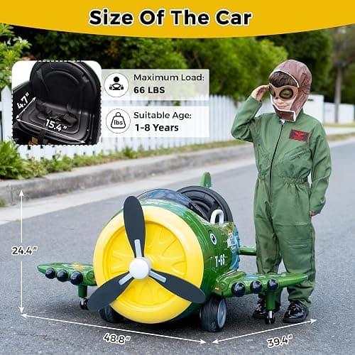 TOBBI Electric Car for Kids Ride On Airplane Toy w/Bombing Sound and Music | Battery Powered 12V Kids' Electric Vehicle Rideable Airplane with Remote Control for Toddlers Ages 3+ Years, Green thumbnail 2