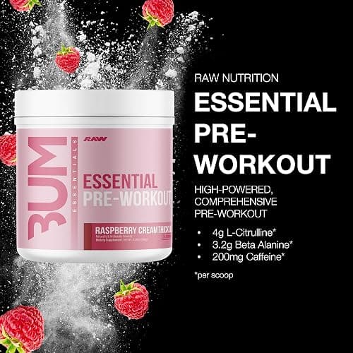 RAW Essential Pre-Workout Powder (Rasberry Creamthickle) - Chris Bumstead Sports Supplement for Men & Women - Preworkout Energy Powder with Caffeine, L-Citrulline, L-Tyrosine, & Beta Alanine Blend thumbnail 2
