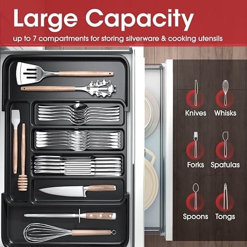 Aujen Silverware Organizer - Expandable Kitchen Drawer Organizer, Adjustable Utensil Organizer, Cutlery Tray for Forks, Knives, Multipurpose Kitchen Organizers and Storage Solution, Black, Medium thumbnail 4