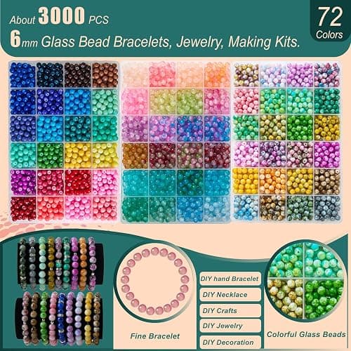 ASIMASIKE 6MM Glass Beads Kit for Jewelry Making - 3 Box Set 72 Colors, 3000pcs Round Colorful Beads for DIY, Beads for Bracelets, Gifts for Teen Girls thumbnail 4