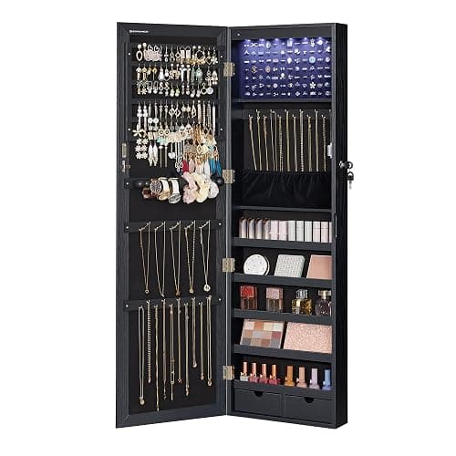 SONGMICS 6 LEDs Mirror Jewelry Cabinet, 47.2-Inch Tall Lockable Wall or Door Mounted Jewelry Armoire Organizer with Mirror, 2 Drawers, 3.9 x 14.6 x 47.2 Inches, Black UJJC093B01 - Image 1