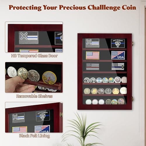 ASmileIndeep Military Challenge Coin Display Case 6 Rows Wooden Army Coin Holder with HD Tempered Glass Lockable Coin Wall Dsplay Box with Removable Shelves, Red thumbnail 4
