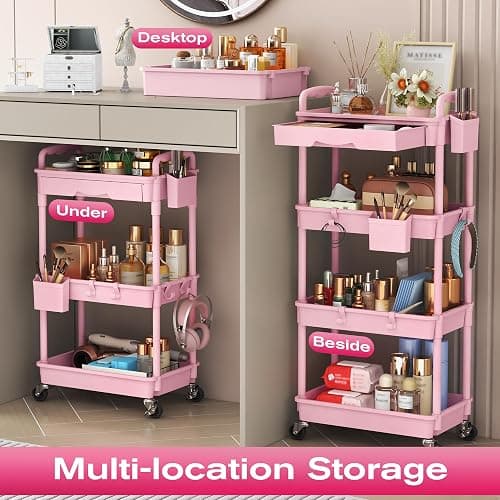 Goovilla Rolling Makeup Organizer Cart with Removable Drawer, 3 Tier Pink | Stable Floor Skincare Storage Cart for Vanity, Cosmetic Display, Nail Polish, Perfume, Hair Stuff, Beauty, Bathroom(Plastic) thumbnail 6