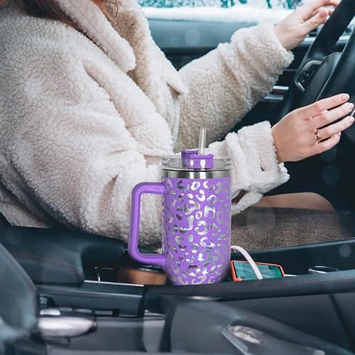 FECBK 40 oz Tumbler with Handle and Straw, 100% Leak-Proof Travel Mug, Stainless Steel Double Wall Vacuum Insulated Coffee Cup Keeps Cold For 34 Hours, Dishwasher Safe, Purple Leopard thumbnail 2