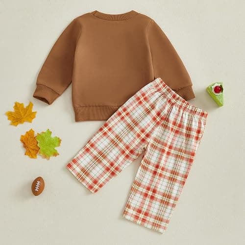 Mobbdow Toddler Baby Boy Thanksgiving Outfit Football Turkey Pumpkin Pie Crewneck Sweatshirt and Plaid Pants Set Fall Clothes thumbnail 6