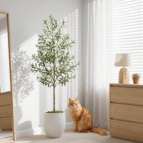 REIMUCO Fake Olive Tree - 6FT Fake Plants Indoor with Pot, Artificial Tree with Natural Olive Branches and Realistic Leaves, Silk Faux Trees for Modern Home Living Room Office Decor - Image 1