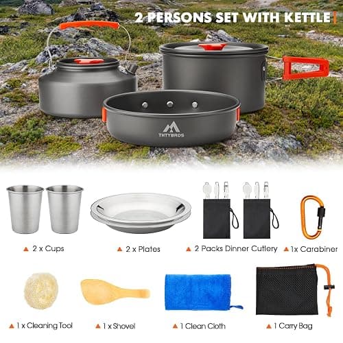 THTYBROS 17pcs Camping Cookware Kit, 0.45Gal Pot, 7inches Pan,0.30Gal Kettle Set with 2 Set Stainless Steel Cups Plates Forks Knives Spoons for Hiking thumbnail 4