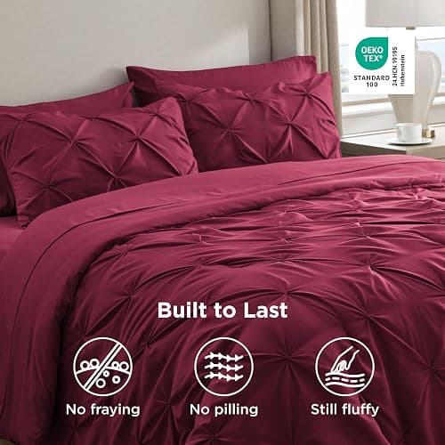 Bedsure Queen Comforter Set Dark Red - Bed in a Bag Queen Size Bedding 7 Pieces, GentleSoft™ Pintuck Bed Set Gift for Family, Pinch Pleat All Season Comforter with Sheets, Pillowcases & Shams thumbnail 6