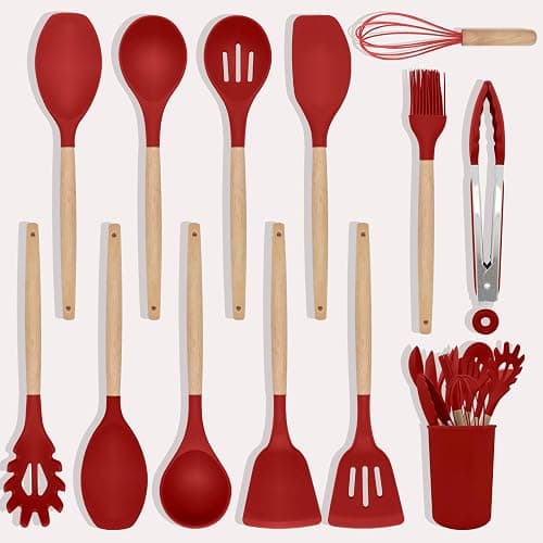 Kitchen Utensils Set 12 Pieces Nonstick Silicone Cooking Utensils Wood Handle Silicone Cooking Utensils Set with Holder Dishwasher Safe BPA Free(red) - Image 1