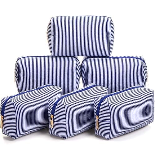 Sanwuta 6 Pcs Seersucker Cosmetic Bags Bulk Seersucker Makeup Bags Stripe Women Pouch Large Preppy Storage Pouch Toiletry Travel for Wedding Bridesmaid Bride Favor Back to Teacher Gift (Navy Blue) - Image 1