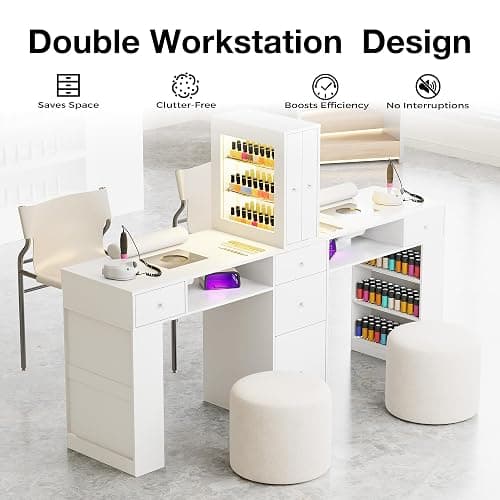 Kikihouse Double Manicure Table for Nail Tech w/LED Light Display Cabinet, Professional Nail Desk with Dust Collector, Drawers, Wrist Rest, Acetone-Resistant, for Beauty Salon, Spa & Home Workstation thumbnail 8