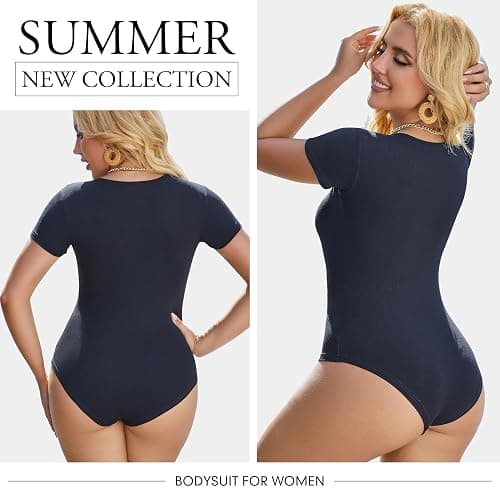 Chongbaijia 5 Pack Short Sleeve Bodysuits for Women Square Neck Casual Stretchy Basic Body Suits Tops T Shirts thumbnail 2