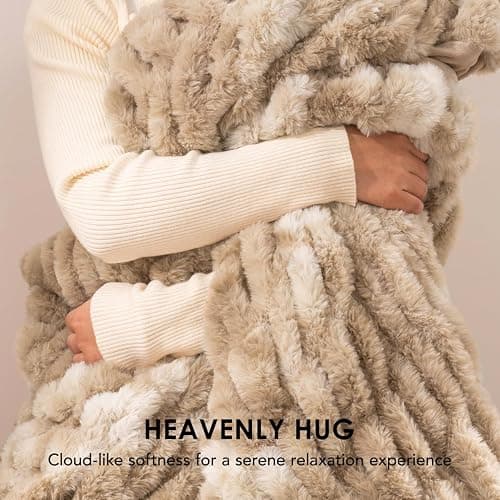 EVERGRACE Luxurious Soft Faux Rabbit Fur Throw Blanket, Cozy Fuzzy Plush Warm Throws for Couch Bed Sofa Chair Home Decor, Ruched Bubble Fluffy Blanket with Reversible Velvet, 60" x 80", Beige thumbnail 7