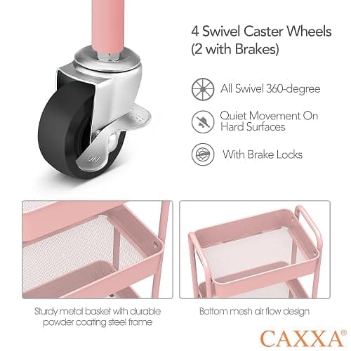 CAXXA 3-Tier Rolling Metal Storage Organizer - Mobile Utility Cart with Caster Wheels, Pink thumbnail 4