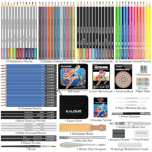 KALOUR PDAS 127 Drawing Set Sketching Kit, Pro Art Supplies with 3-Color Sketchbook & Coloring Book, Neon, Colored, Watercolor, Metallic, Graphite, Charcoal Pencils, Gift for Artists Adults Teens thumbnail 3