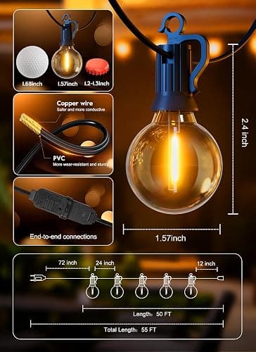 Outdoor String Lights, 55(50+5) FT 25 Bulbs IP65 Waterproof Patio Lights | Shatterproof Dimmable Hanging Connectable G40 Globe LED Outdoor Lights for Christmas, Backyard, Bistro, Porch thumbnail 6