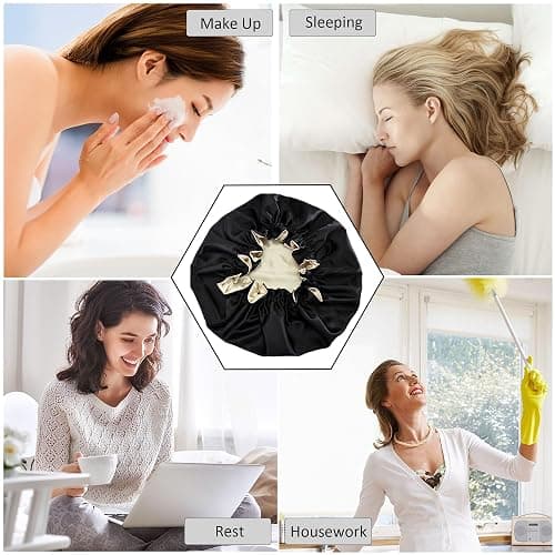 Beutyme Silk Bonnet for Sleeping Satin Bonnets Double Layer Reversible Hair Cap Bonnet for Women Long Curly Braid Hair (Black) thumbnail 4