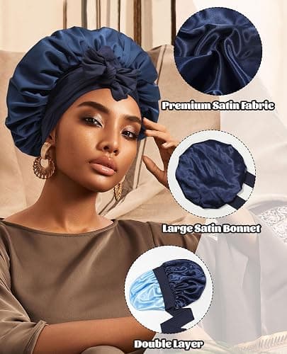 Satin Bonnet Silk Bonnet for Sleeping Silk Sleep Cap Double Layer Hair Bonnet with Elastic Tie Band for Curly Hair Night Cap (Navy Blue + Light Blue) thumbnail 5