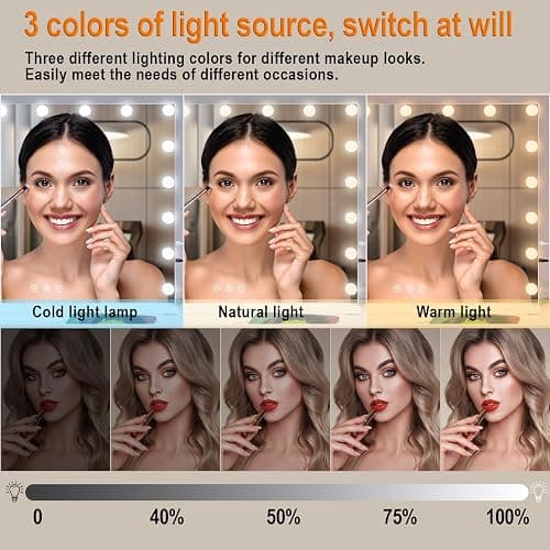Ereousa Specchio Trucco con Luci, 3 modalità Luce, 50 x 40 cm Specchio Trucco, Durevole Specchio con Luci Make Up, Specchio Make Up con 14 Lampadine LED thumbnail 3