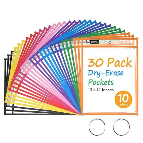 GNL Dry Erase Pocket Sleeves 30 Packs, Reusable Clear Plastic Ticket Holders with Rings, Durable & Easy-to-Erase Sheet Protectors, Assorted Colors 10x14 Inch for Classroom & School Teacher Supplies - Image 1