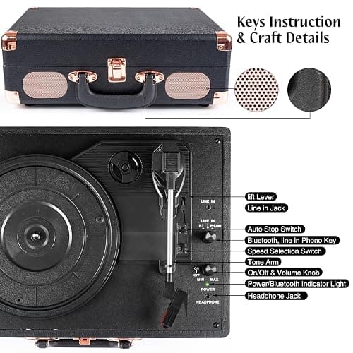 Retrolife® Record Player,3-Speed Bluetooth Suitcase Vinyl Player-Black | Built-in Stereo Speakers, Portable Turntable Plays 7/10/12" Records, 33/45/78 RPM, Bluetooth Streaming, RCA/Headphone Jack thumbnail 4