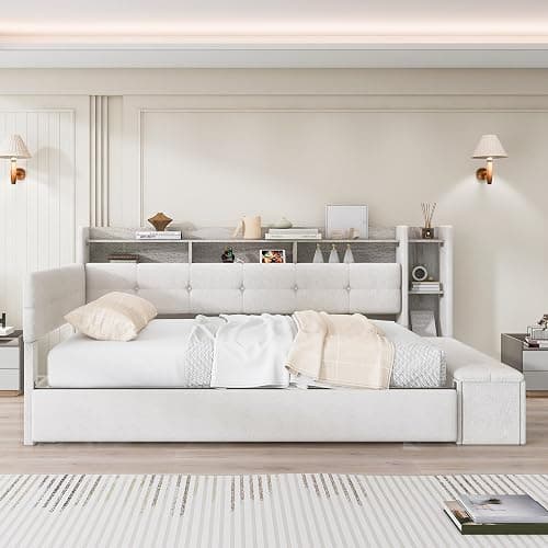 Upholstered Corner Day Bed Frame with Trundle, Footstool and Drawers, Beige | Modern floor upholstery daybed with l shape button tufted headboard, bookshelf, charging station and LED light thumbnail 3