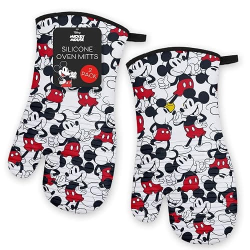 Disney Silicone Oven Mitts Heat Resistant – Set of 2 Long Cuff Cotton Kitchen Mitts with Silicone Grip Stripes, Cute Oven Mitts & Pot Holders for Cooking, Baking & Kitchen Essentials- Mickey - Image 1