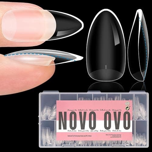 NOVO OVO Extra dicke Nagelspitzen zum Aufdrücken, medium Almond soft gel nail tips thick, natürliche Kurve, mittlere, vollständige Abdeckung, künstliche Nägel für Acryl French 14 Größen, 336 Stück - Image 1