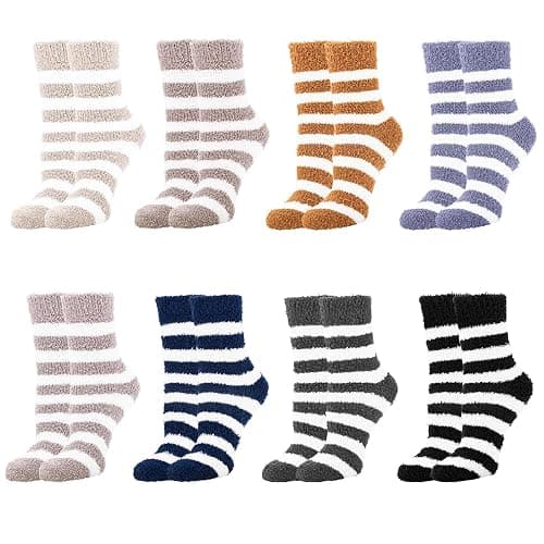 KIKAWORD Cozy Soft Fluffy Slipper Socks for Men and Women,8 Pairs Plush Slipper Sock,Winter Sleeping Warm Sock,Cozy Fuzzy Sleep Bed Thermal Stripe Soft Warm Socks - Image 1