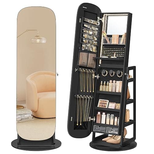 SONGMICS LED Jewelry Cabinet, 360° Swivel Jewelry Organizer, Lockable Mirror Jewelry Cabinet Standing, Rounded Wide Full-Length Mirror with Storage Shelves, Interior Mirror, Ebony Black UJJC036B01 - Image 1