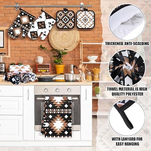 Teenyyou 8 Pcs Western Aztec Kitchen Towels Southwestern Pot Holders and Oven Mitt Set 4 Aztec Dish Towels 2 Rustic Absorbent Square Potholders 2 Heat Resistant Glove for Cooking Baking Home Gifting thumbnail 4