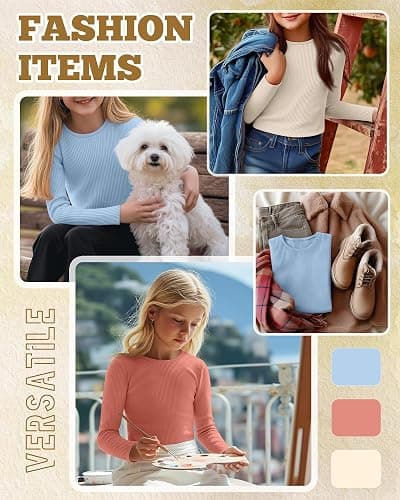 LessonZoo 3 Pack Girls Long Sleeve Shirts Ribbed Knit Cotton Layering Tops Slim Fit Crewneck Casual Undershirts thumbnail 4