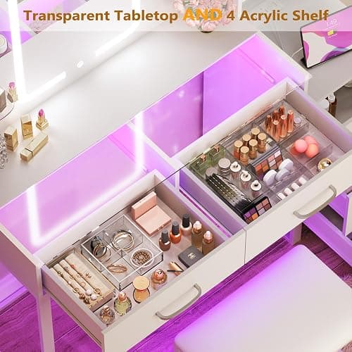 HUAHUU Vanity Desk with Mirror and Lights 3 Colors, 43.3" Makeup Vanity with Glass Top & RGB Light, White Vanity Table Set with Stool, 5 Drawers & Power Outlet for Bedroom Dressing Room thumbnail 6
