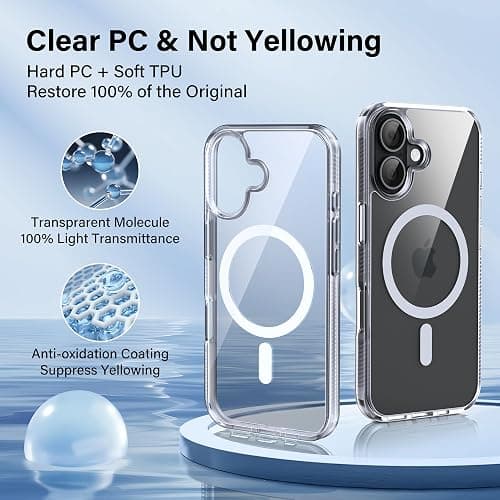 Supdeal Magnetic Case for iPhone 16, Compatible with MagSafe Transparent Not-Yellowing Cover Non-Slip Grip Military-Grade Shockproof Magnetic Clear Phone Case, 6.1", Transparent thumbnail 2