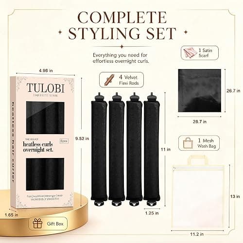 TULOBI Heatless Curls Overnight, 4PCS Jumbo Velvet Curling Rods, Black | No Heat Blowout Hair Rollers with Satin Scarf and Mesh Bag, Comfortable Sleep-in Rods for Long Thick Fine Hair thumbnail 6