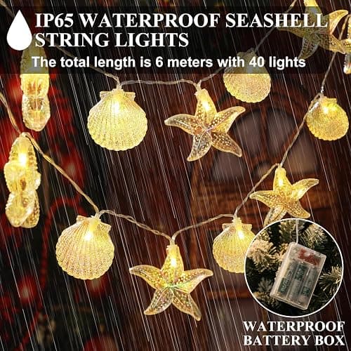Glooglitter Christmas Ocean Beach String Lights Seashell Starfish 19.69 ft 40 LED Warm White Waterproof Ocean Theme Beach Lights for Home Outdoor Room Decor Indoor Bedroom Decor thumbnail 2
