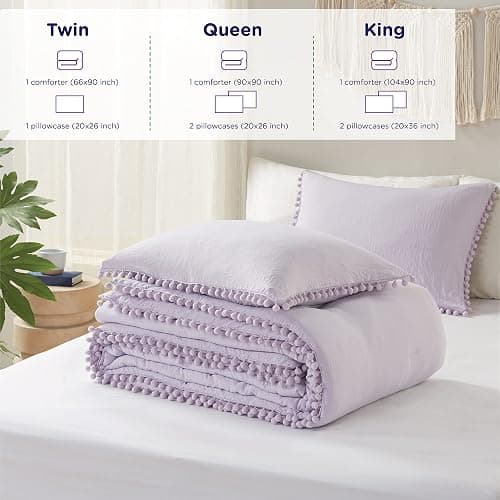 Codi Lavender Purple Boho Twin Comforter Set for Girls, Aesthetic Pom Fringe Design Cute Bedding, Soft Washed Microfiber Bed Sets, Lightweight Chic,1 Comforter & 1 Pillowcase thumbnail 7