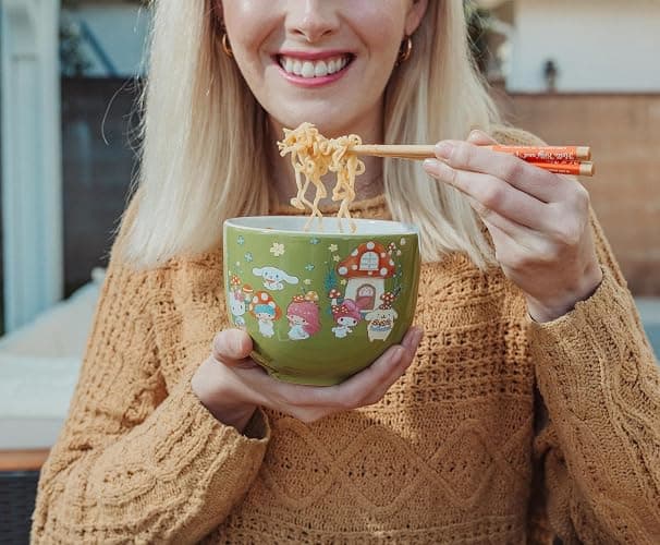 Silver Buffalo Sanrio Hello Kitty and Friends Mushroom Crew Ceramic Dinnerware Set | Includes 20-Ounce Ramen Noodle Bowl and Wooden Chopsticks | Asian Food Dish Set For Home & Kitchen thumbnail 8