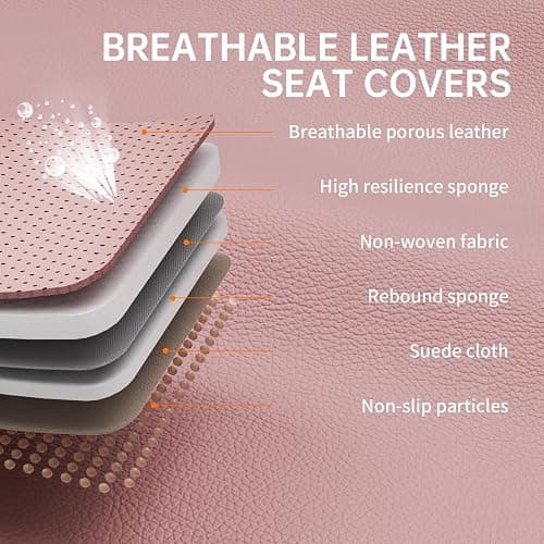 GEZHOUBA Pink Car Seat Covers Full Set, Full Coverage Luxury Leather Car Seat Protector Universal Fit for Most Cars SUVs Pick-up Trucks, Pink Seat Covers Car Interior Accessories for Women thumbnail 7