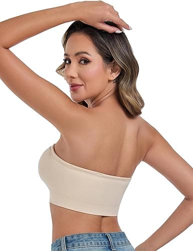 ANGOOL Strapless Bras for Women Wirefree Non-Slip Tube Top Invisible Bralette Seamless Padded Bandeau Bra - Large - Beige thumbnail 3