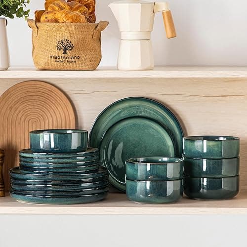 vancasso Starry 18 Pieces Dinnerware Sets for 6, Green Reactive Glaze Dishes Sets, Ceramic Plates and Bowls Set, Dinner Salad Dessert Plates, and Cereal Bowls Set, Dishwasher and Microwave Safe thumbnail 7