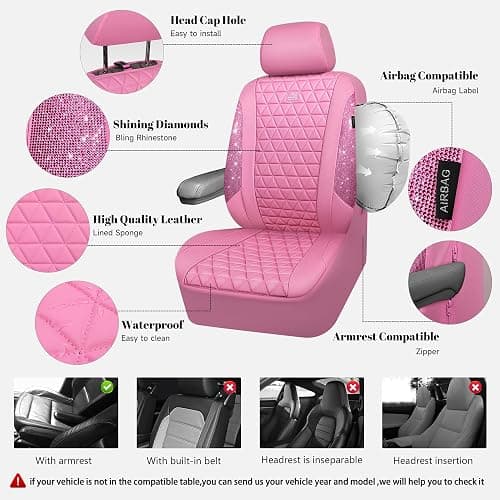 CAR PASS Bling Diamond Pink Leather Car Seat Covers Full Sets Interior Sets, Waterproof Shining Glitter Sparkly Crystal Universal Armrest Fit for Automotive Truck SUV Cute Women Girl, Pink Rhinestone thumbnail 3